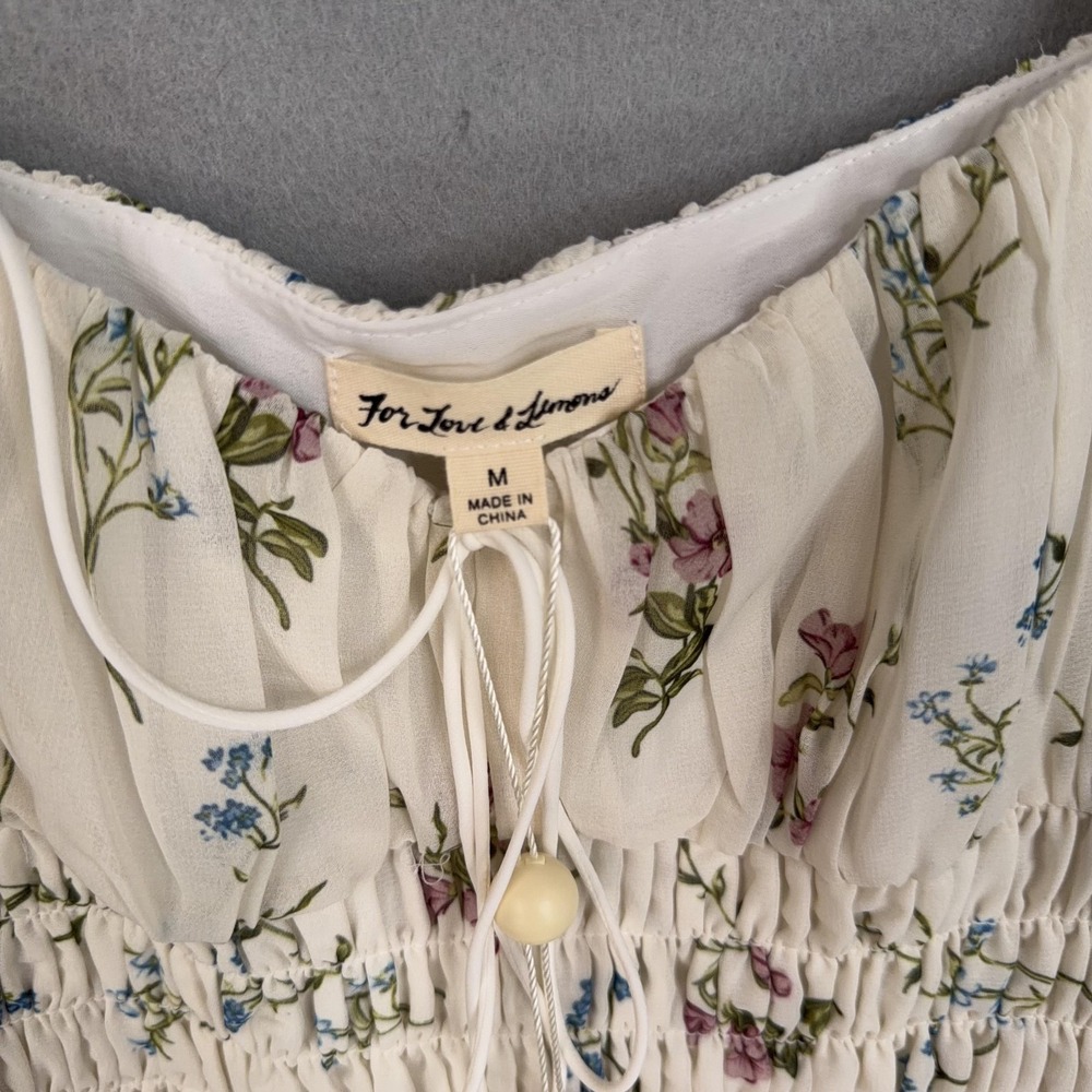 For Love & Lemons Dress Womens Medium White Floral Smocked Mini Puff Sleeve NWT - Picture 6 of 14
